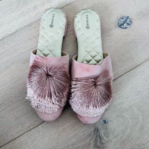 Birdies pink suede mules with pom pom detail - size 7.5